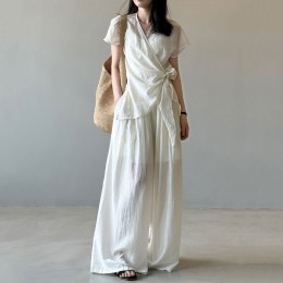 唯美天絲亞麻寬褲套裝