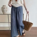 百搭鬆緊細條紋寬褲