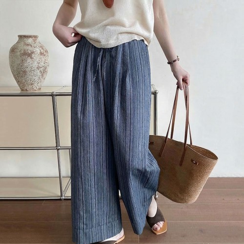 百搭鬆緊細條紋寬褲