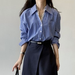 蕾絲拼接條紋襯衫