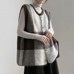 復古格紋針織背心