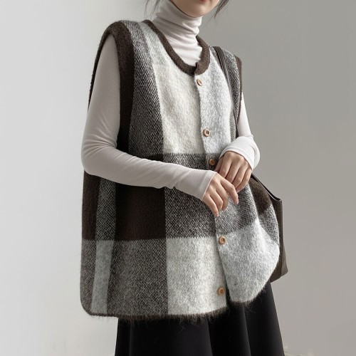 復古格紋針織背心