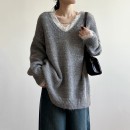 蕾絲花邊V領針織上衣