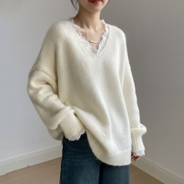 蕾絲花邊V領針織上衣 蕾絲花邊V領針織上衣